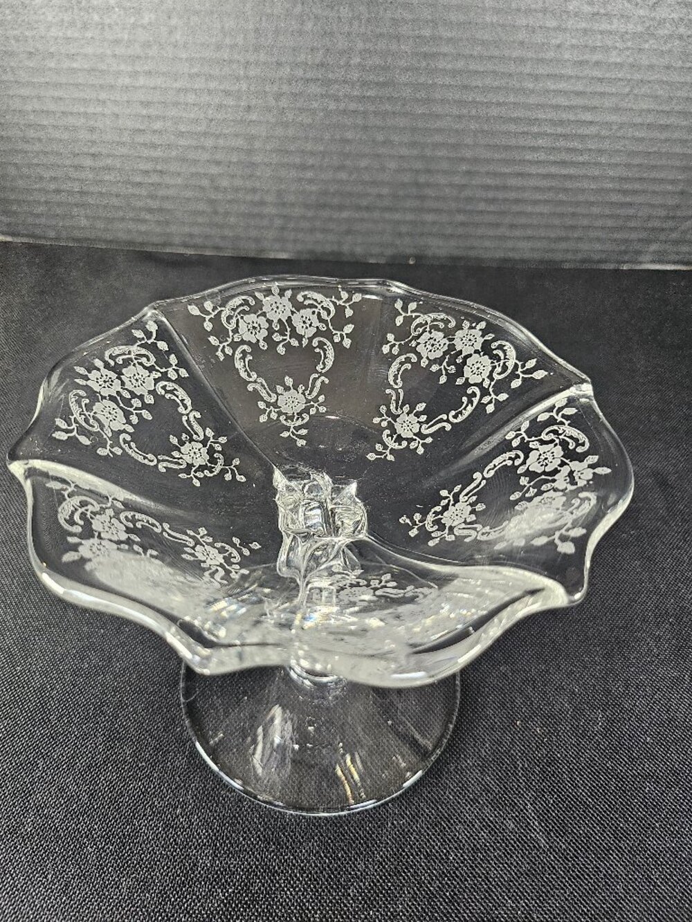 Vintage 40s Fostoria Compote Meadow Rose Etched Baroque Style "Flame" Stem